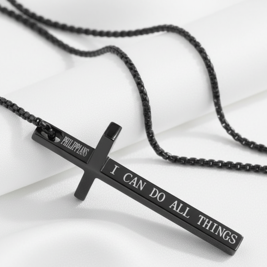 Strength Embodied matte black stainless steel cross necklace for men, engraved with the motivational scripture 'I CAN DO ALL THINGS - PHILIPPIANS'. Durable 5.1cm spiritual Jewellery on a 60cm chain, featuring a 'Rapid Delivery' badge, Australia, RuHa Spirit
