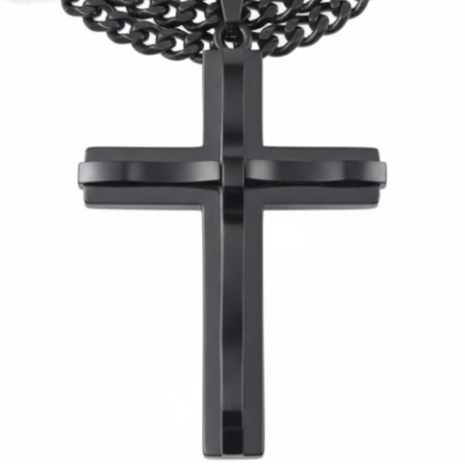 Studio photo of the Bold Vow Classic Black Stainless Steel Cross Necklace, a chunky, 55mm black pendant on a matching chain. Durable and masculine faith Jewellery for men.