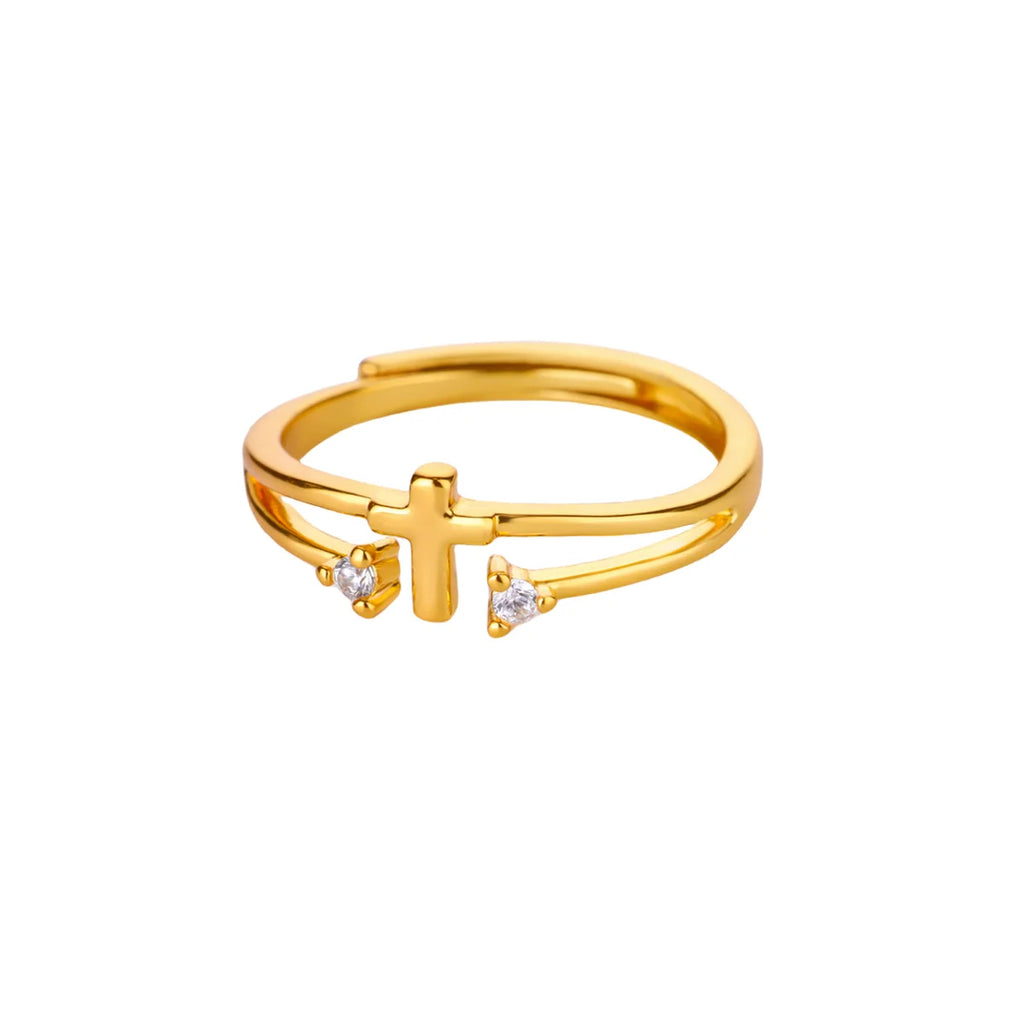 Dainty Devotion: Zircon Cross Open Ring – Gold Stainless Steel