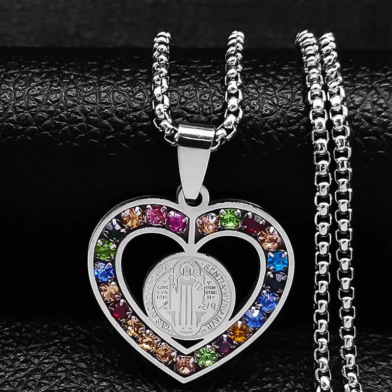 Heart-shaped pendant with colourful stones and a round token inside, silver chain, Sound-Charged Jewellery