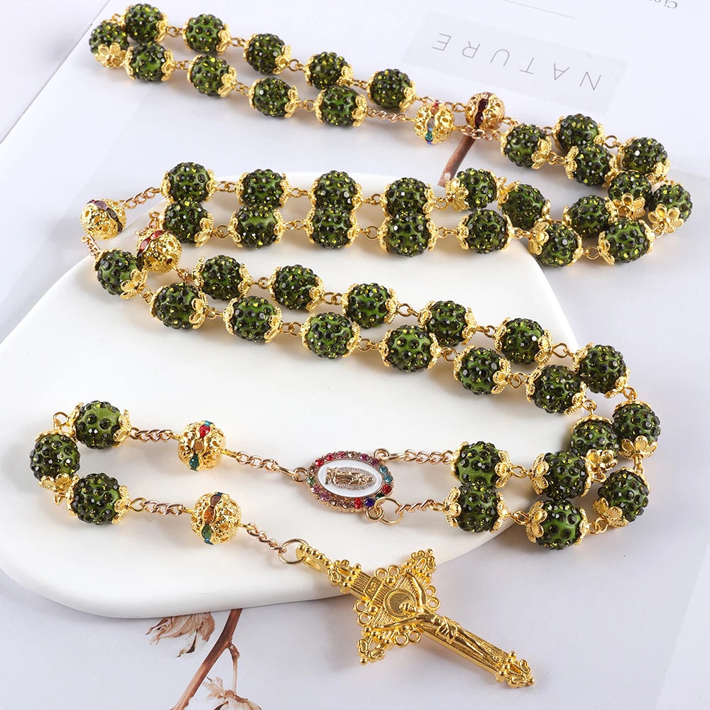 Green beaded rosary with gold accents - crystal rhinestone Catholic rosary necklace with gold Virgin Mary medal and crucifix – full 59-bead five-decade rosary
