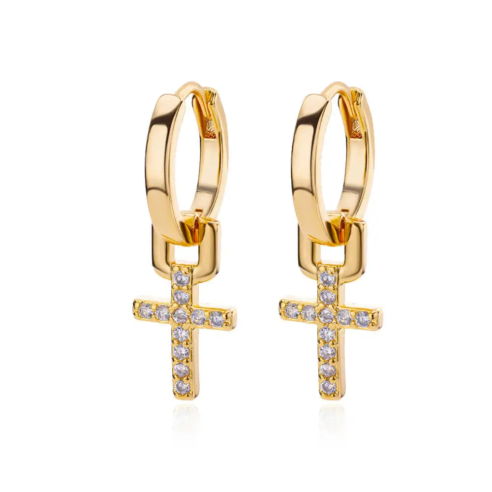 Dazzling Edge: Sleek Zircon Cross Huggie Hoop Earrings – Stainless Steel