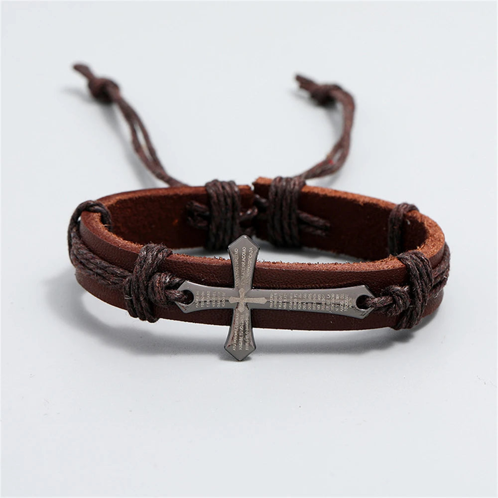 Retro Punk: Cross Faith Bracelet – Braided Leather Adjustable Cuff