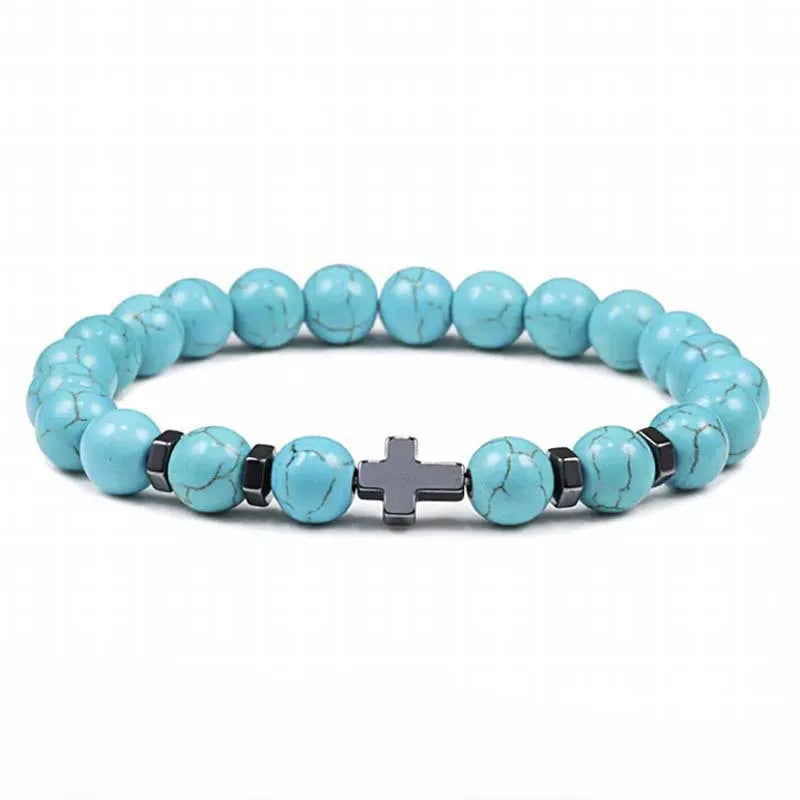 Grounded & Stylish: Natural Stone Cross Beaded Bracelet