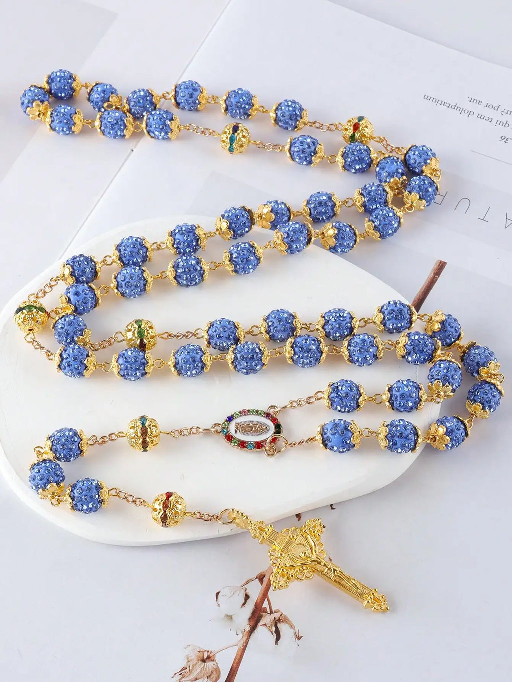 Blue beaded rosary with gold accents - crystal rhinestone Catholic rosary necklace with gold Virgin Mary medal and crucifix – full 59-bead five-decade rosary