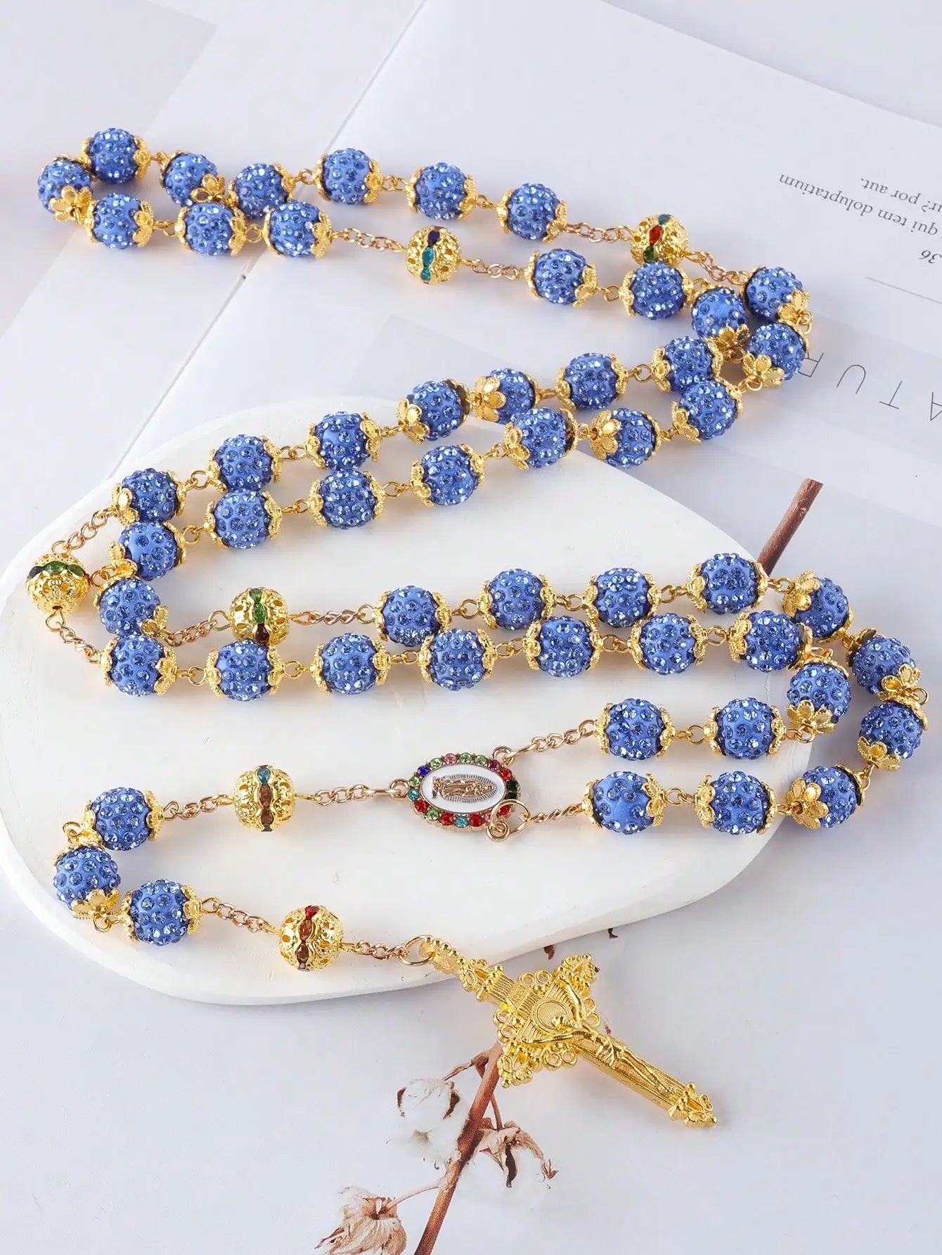 Blue beaded rosary with gold accents - crystal rhinestone Catholic rosary necklace with gold Virgin Mary medal and crucifix – full 59-bead five-decade rosary