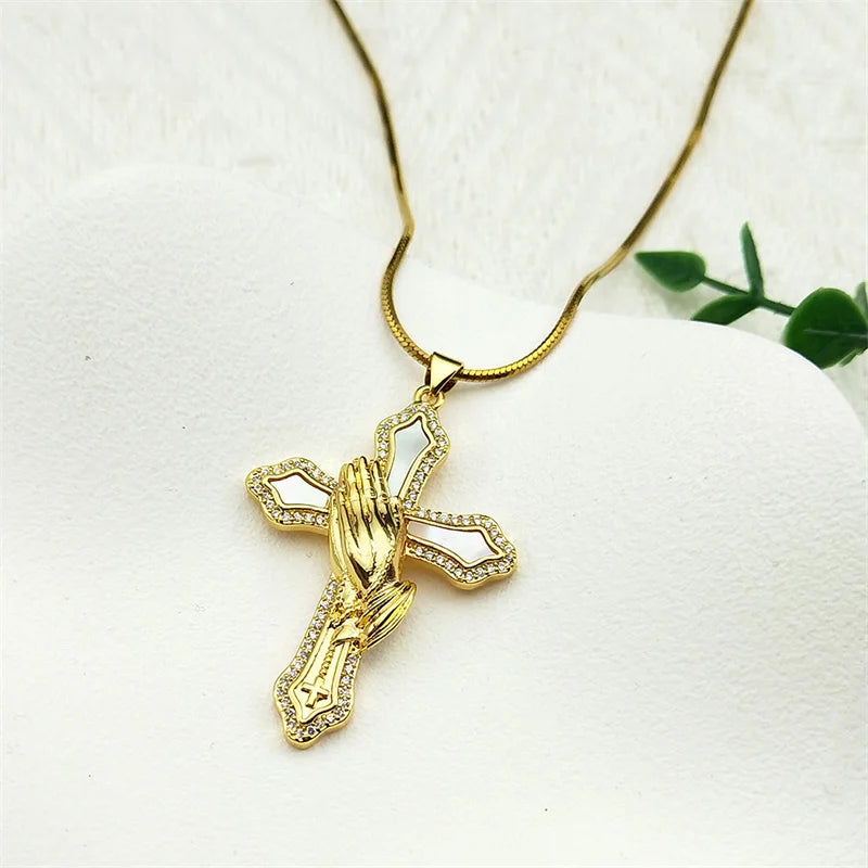 Faithful Hands: Praying Hands Cross Pendant Necklace – Gold Stainless Steel