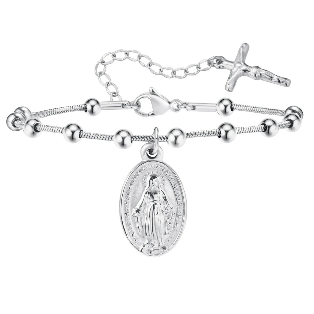 Devotional Elegance: Virgin Mary & Cross Prayer Bracelet – Stainless Steel