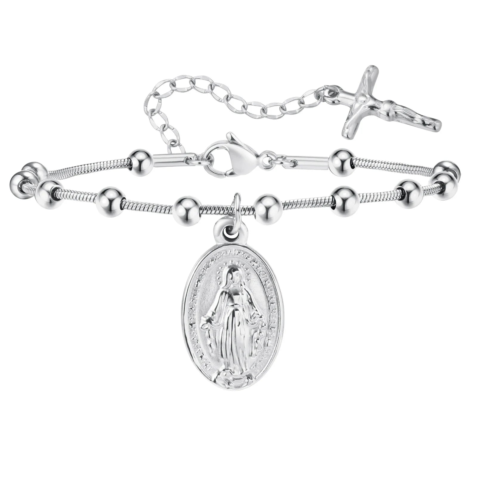 Devotional Elegance: Virgin Mary & Cross Prayer Bracelet – Stainless Steel