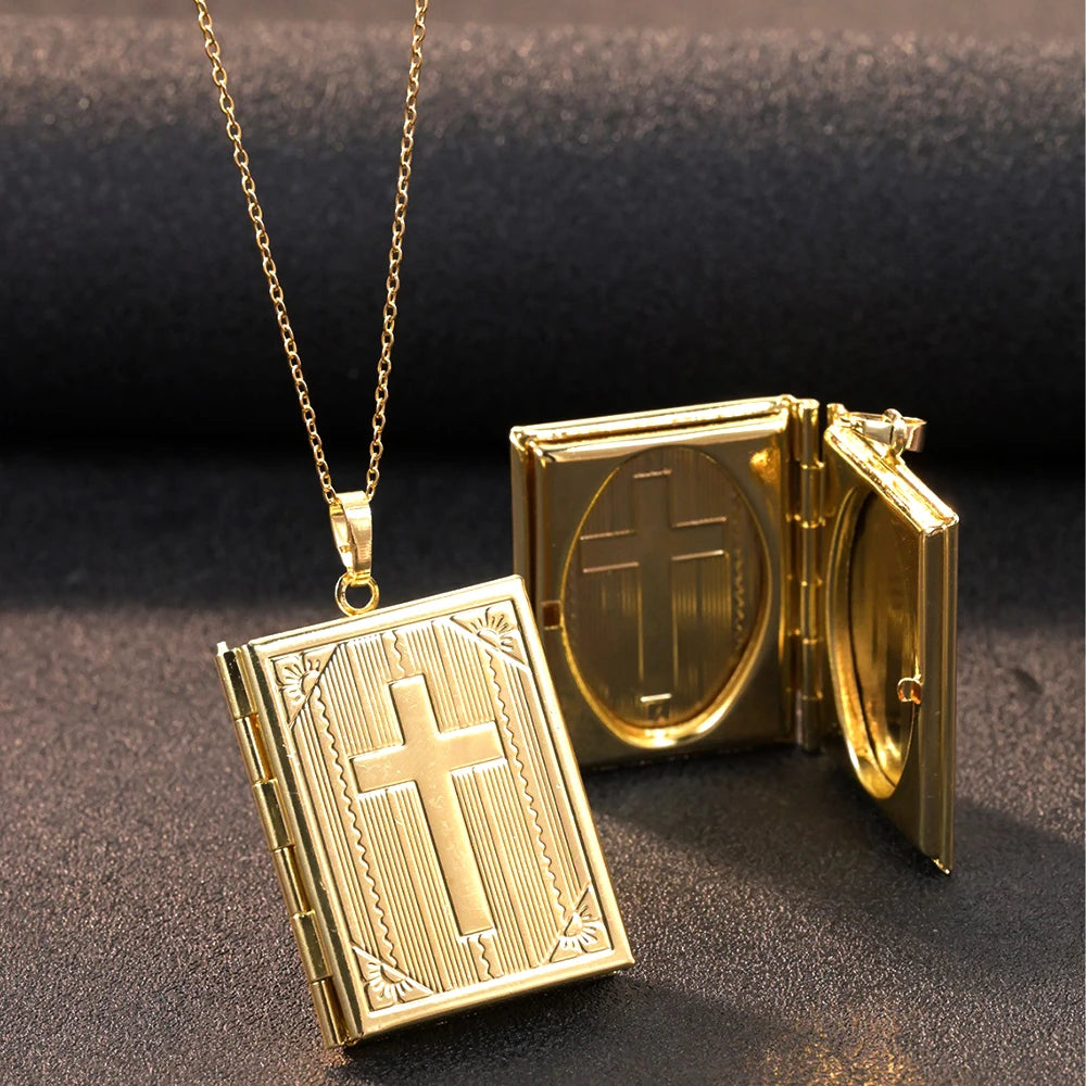 Treasured Faith: Photo Locket Pendant Necklace – Bible Design Stainless Steel