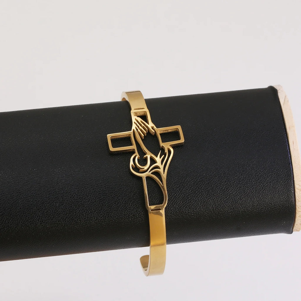 Bold Devotion: Stainless Steel Cross Prayer Bracelet – Gold Colour