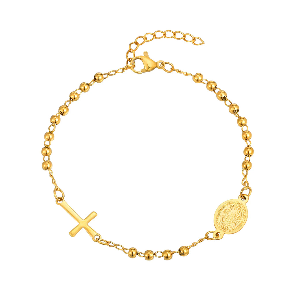 Divine Devotion: Rosary Bracelet with Virgin Mary & Cross – Stainless Steel