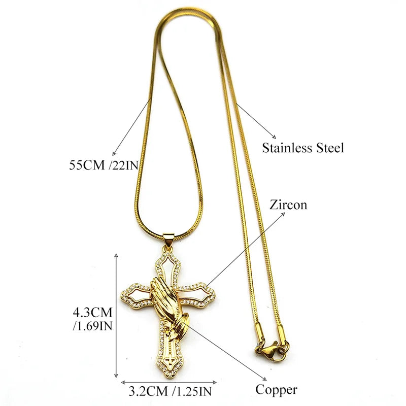 Faithful Hands: Praying Hands Cross Pendant Necklace – Gold Stainless Steel