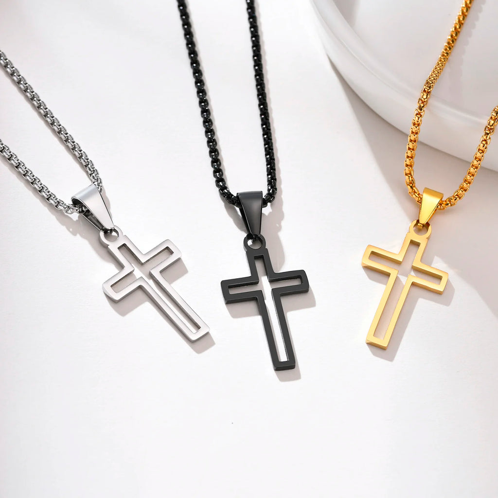 Modern Faith: Cutout Cross Pendant Necklace – Stainless Steel