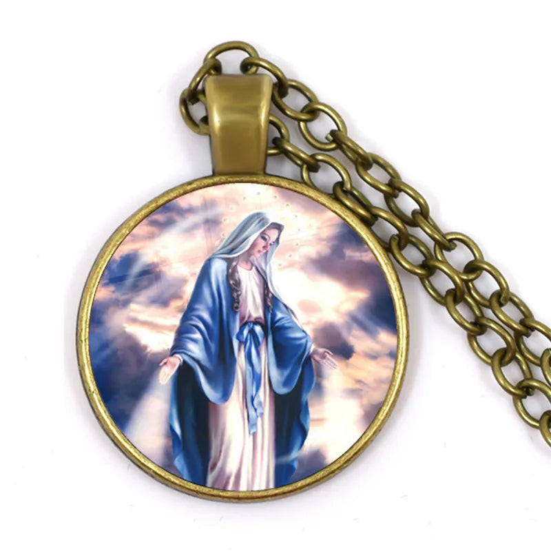 Pendant with religious figure design on a white background
