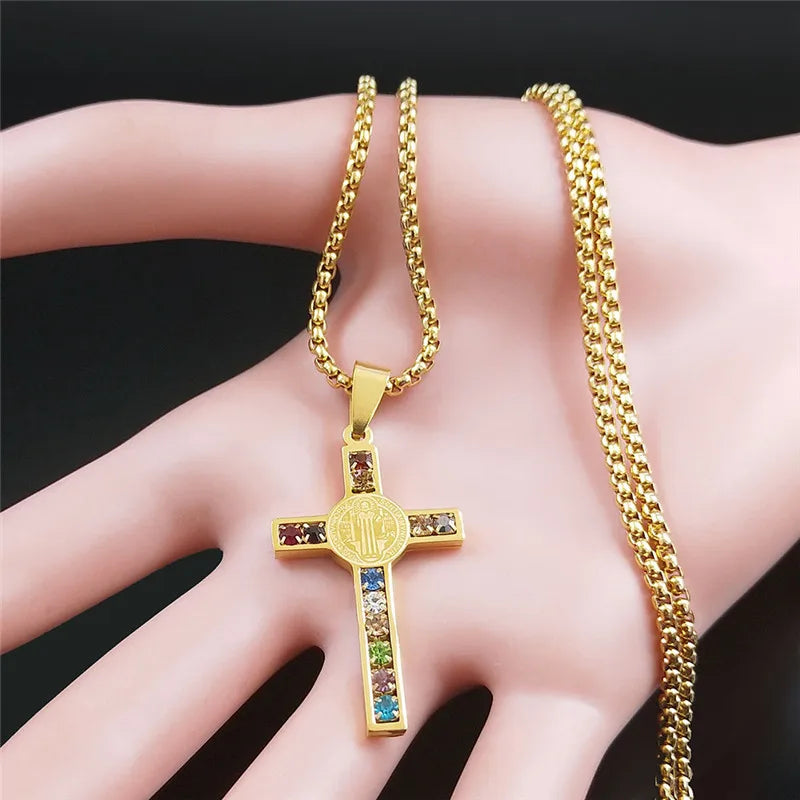 Gold cross necklace with coloured stones 