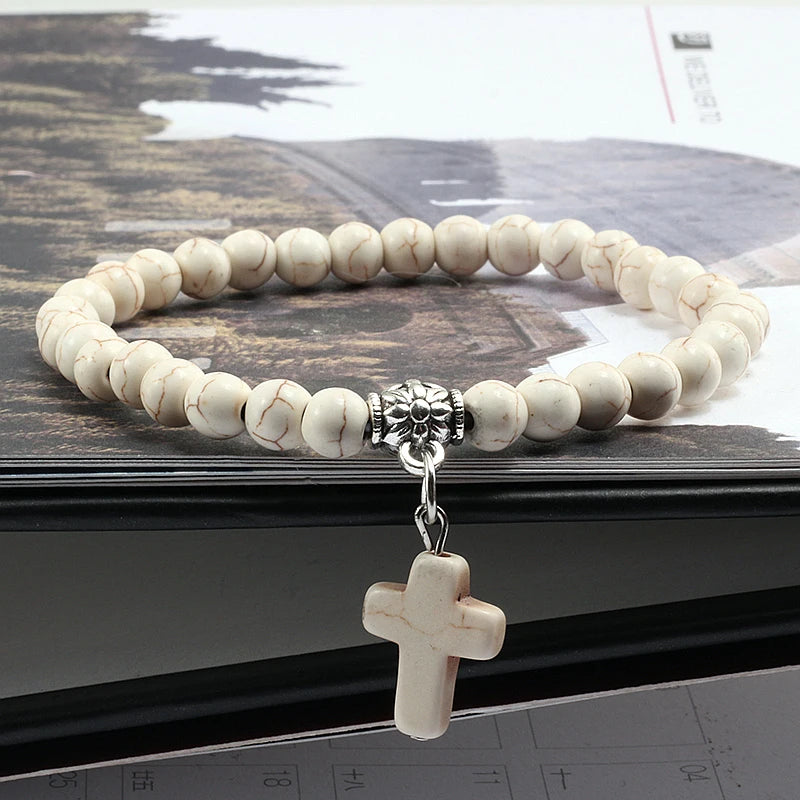 Earthy Vibes: Vintage Cross Natural Stone Beaded Bracelet