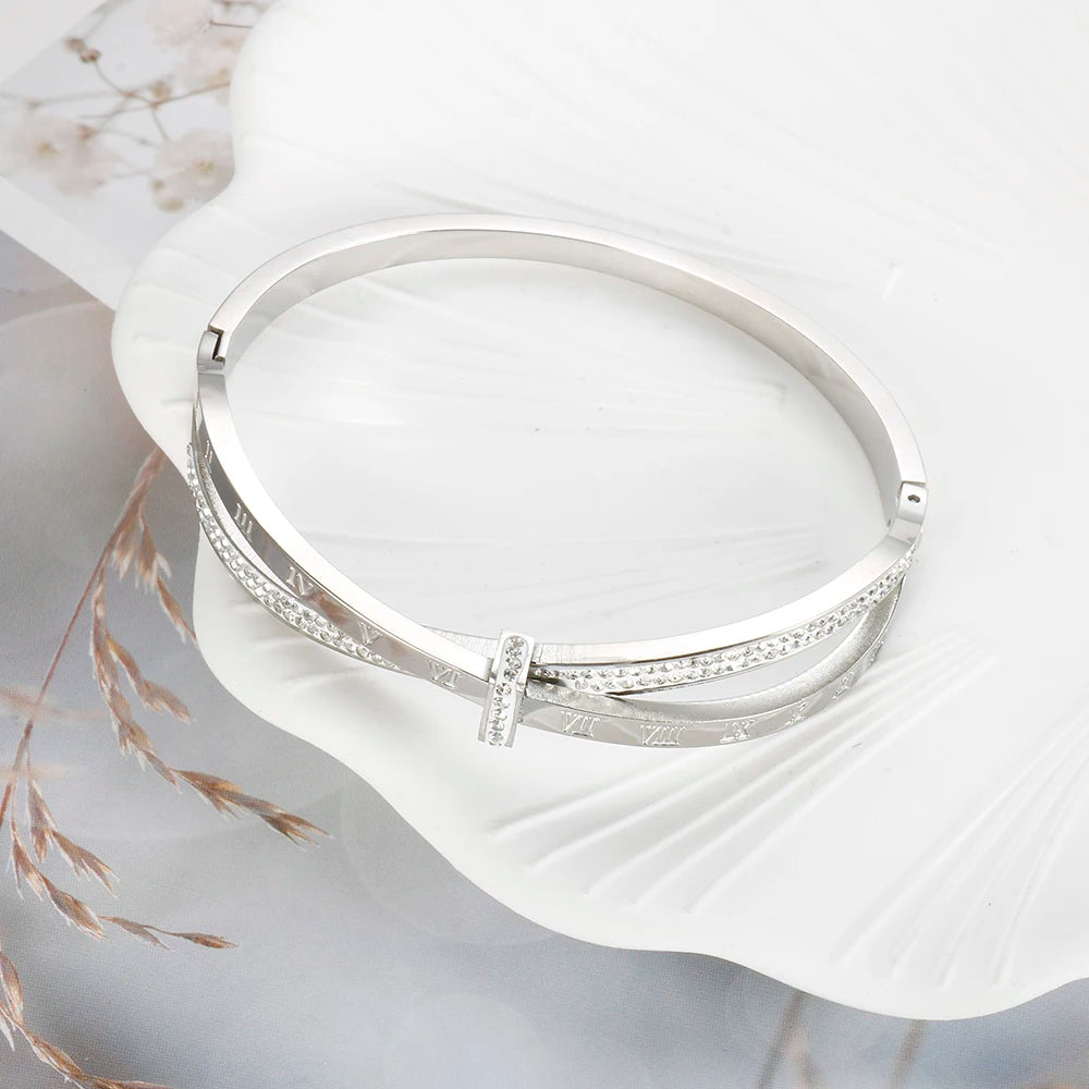 Timeless Elegance: Roman Numeral Cross Crystal Bangle