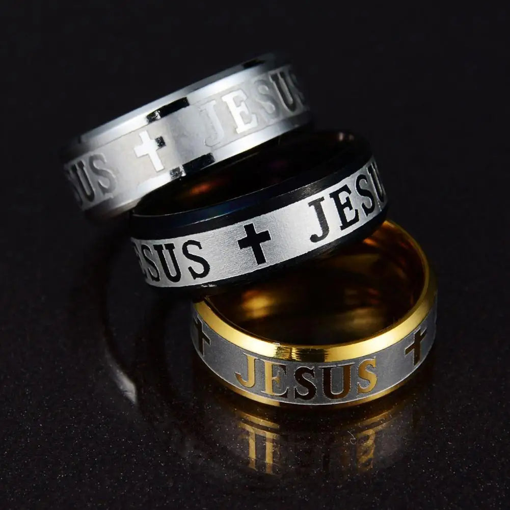 Enduring Word: Engraved 'JESUS' Cross Band Ring – Stainless Steel