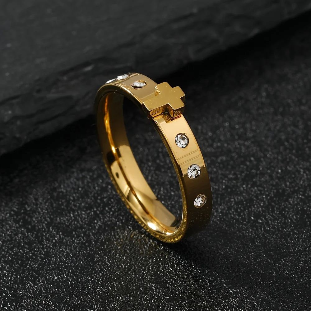 Eternal Sparkle: Inlaid Zircon Cross Band Ring –  Stainless Steel