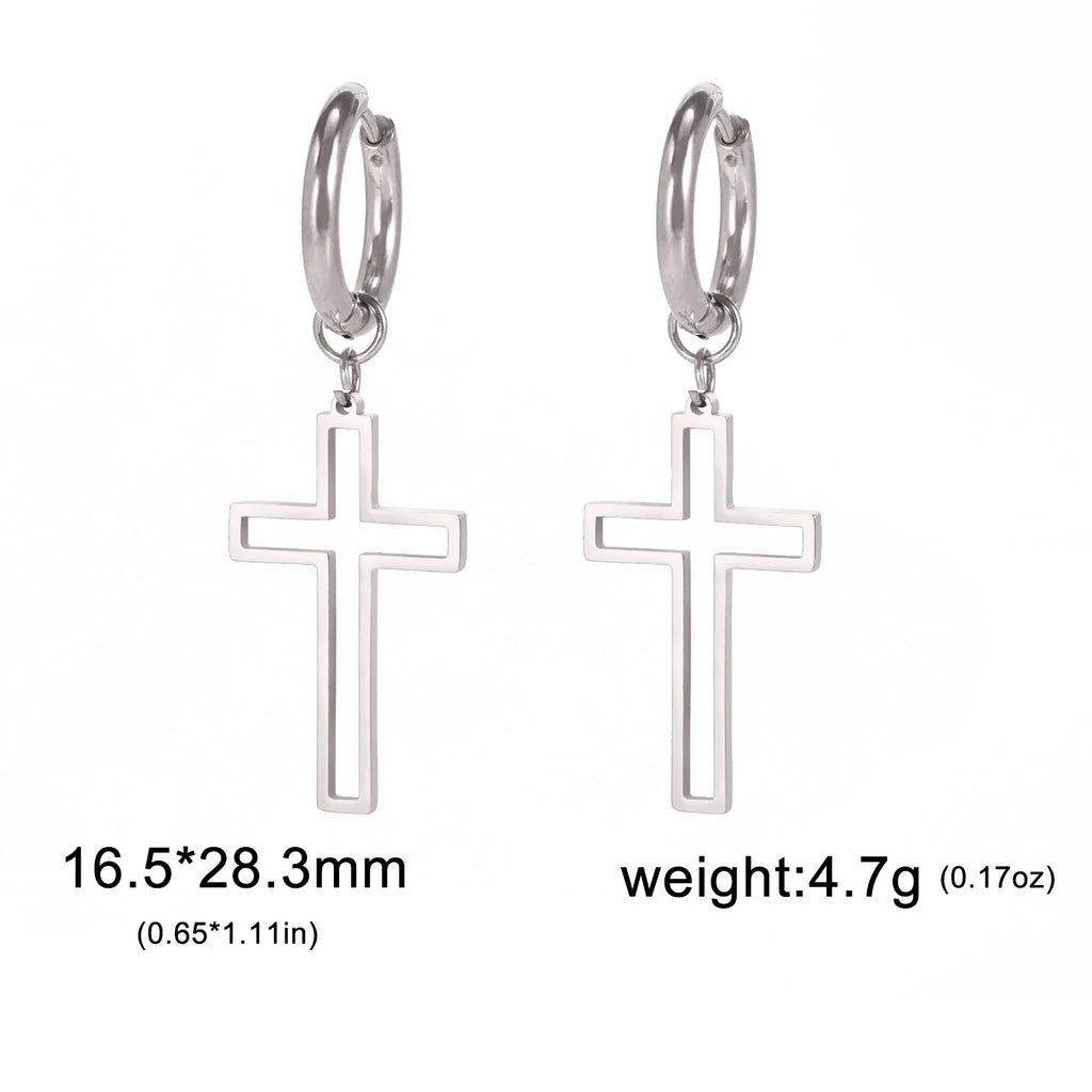 Silver cross earrings with measurements and weight on a white background