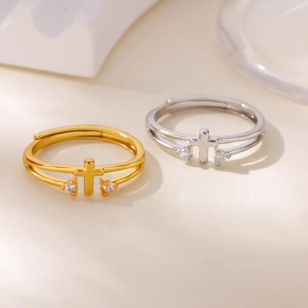Dainty Devotion: Zircon Cross Open Ring – Gold Stainless Steel