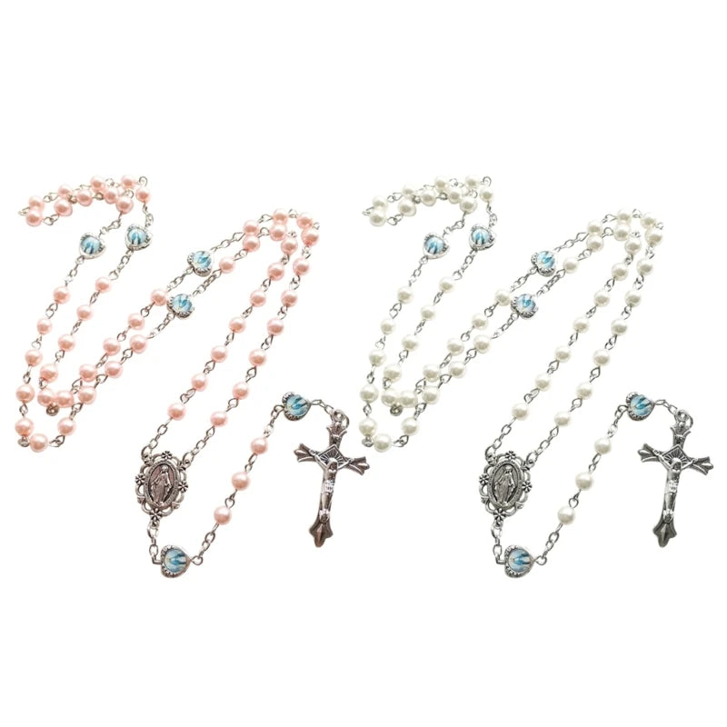 Classic Devotion: Long Pink Pearl Rosary Beads Catholic Necklace