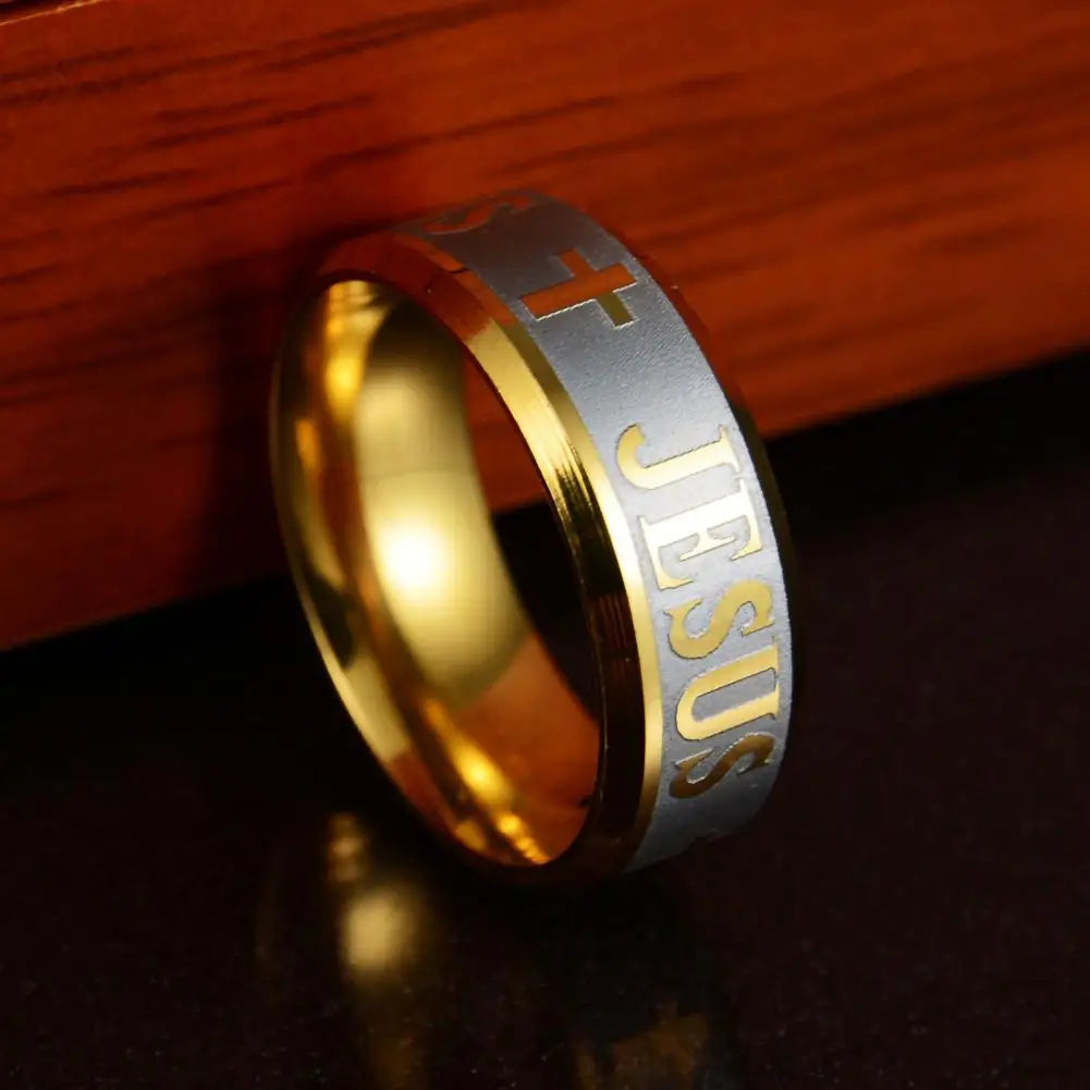 Enduring Word: Engraved 'JESUS' Cross Band Ring – Stainless Steel