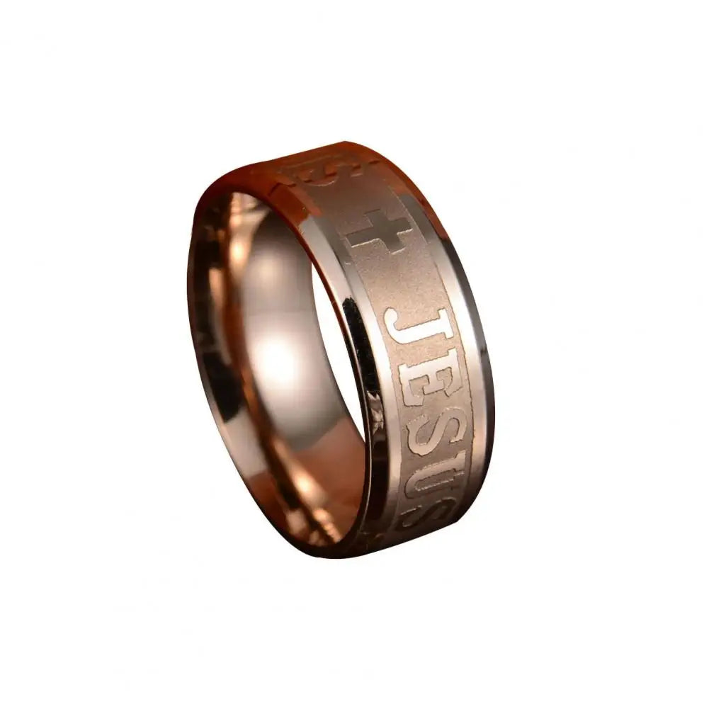 Enduring Word: Engraved 'JESUS' Cross Band Ring – Stainless Steel