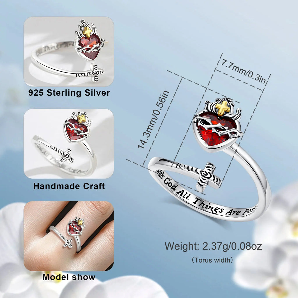 Divine Mercy: Sacred Heart of Jesus Adjustable Ring – Sterling Silver