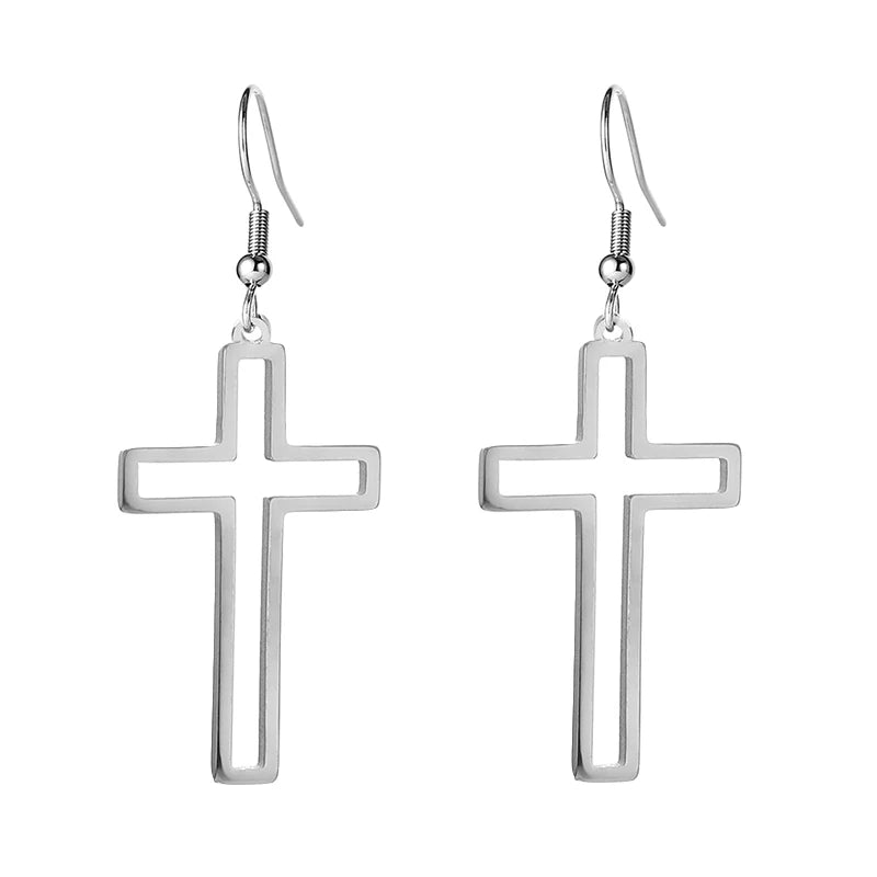 Silver cross-shaped earrings on a white background