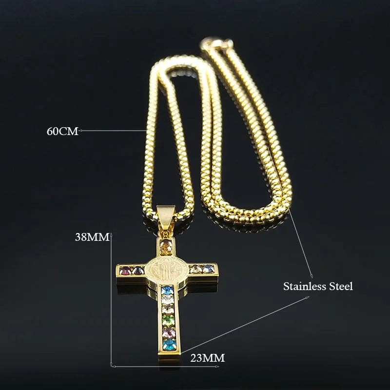 Gold cross necklace with measurements on a black background