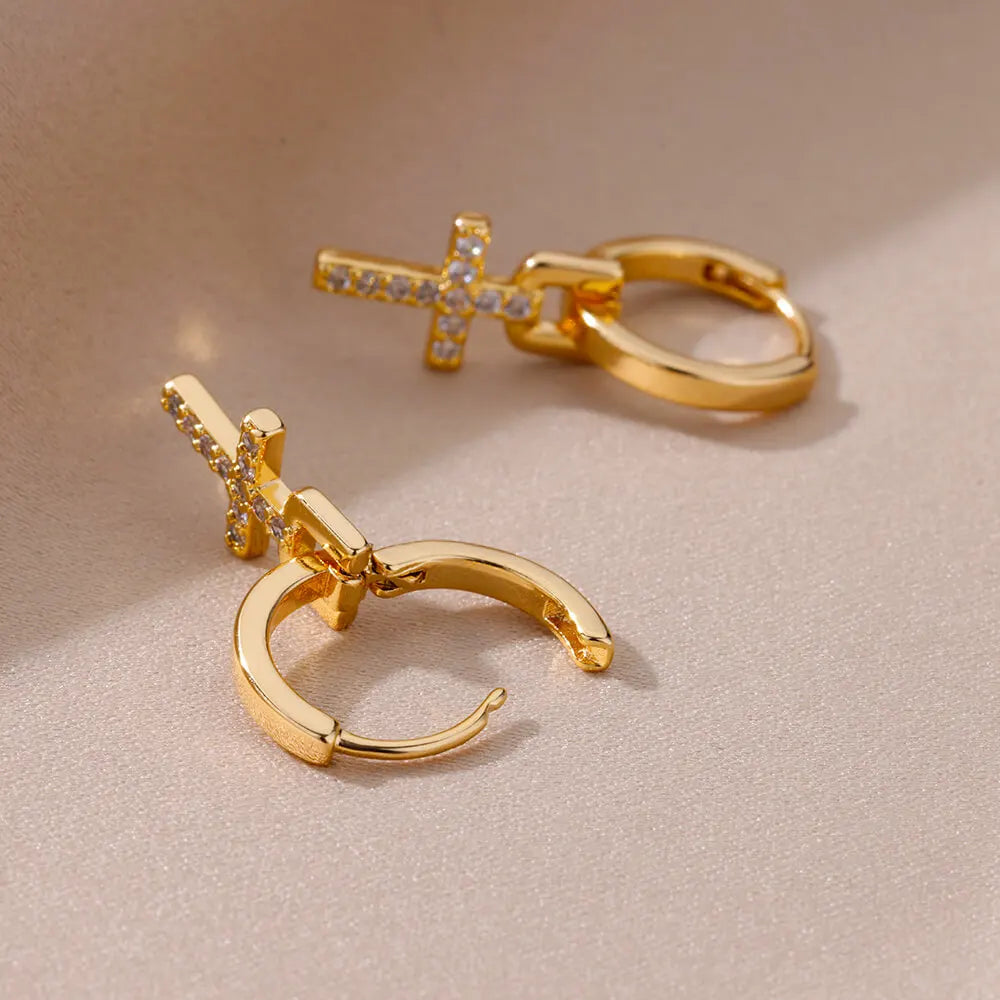 Dazzling Edge: Sleek Zircon Cross Huggie Hoop Earrings – Stainless Steel