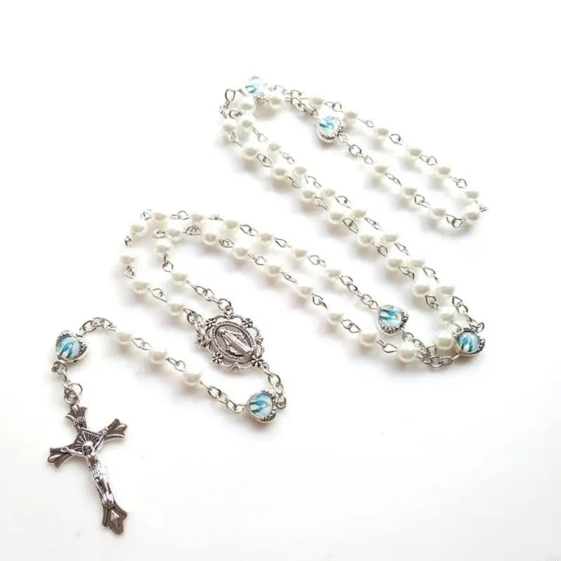 Rosary with pearls and blue stones on a white background