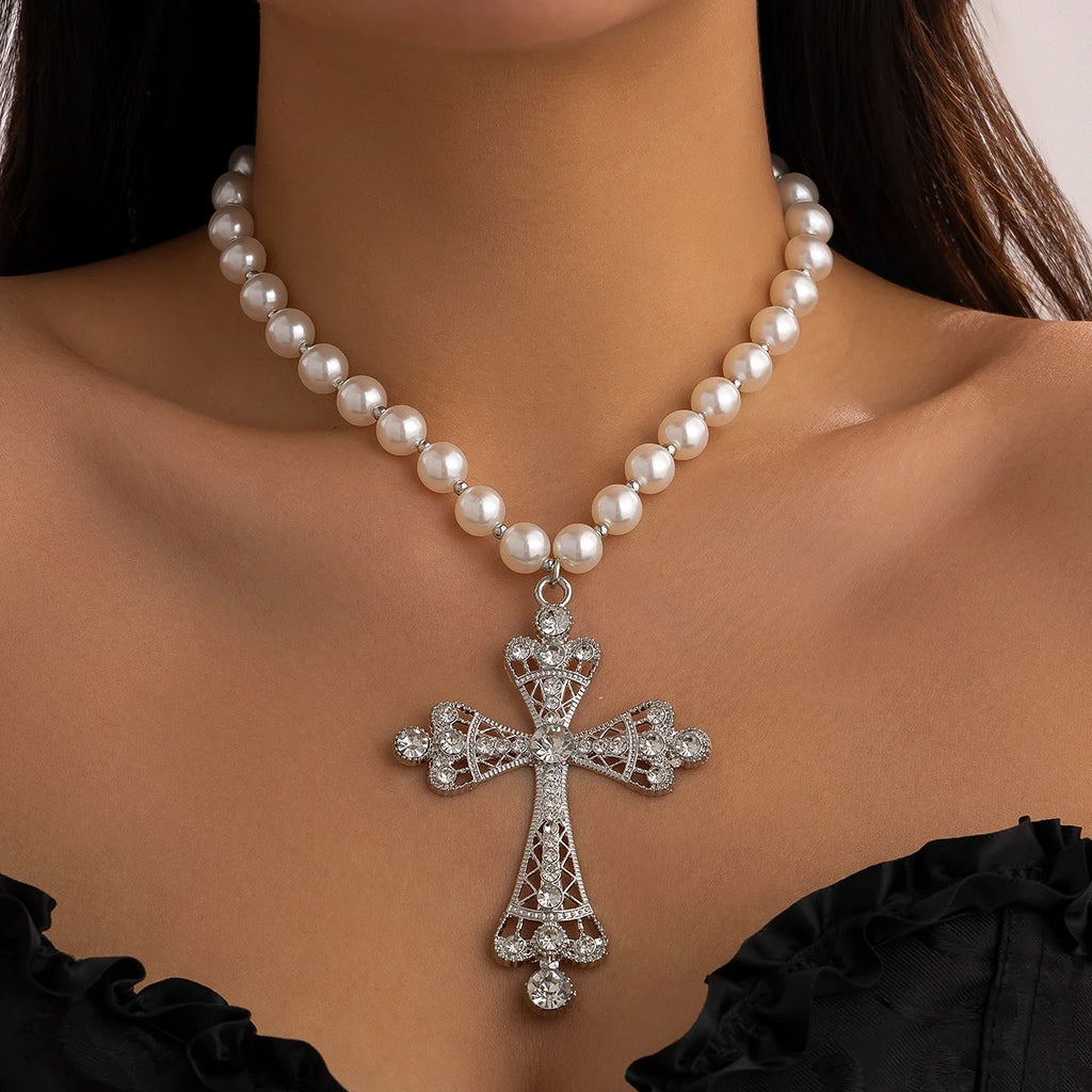 IngeSight.Z Trend Goth Large Cross Pendant Necklace Elegant Charming Imitation Pearl Woman Choker Y2K Neck Jewelry Accessories