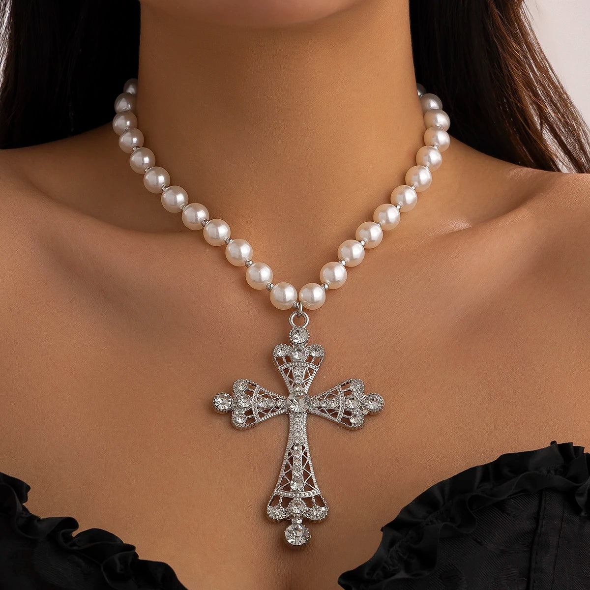 IngeSight.Z Trend Goth Large Cross Pendant Necklace Elegant Charming Imitation Pearl Woman Choker Y2K Neck Jewelry Accessories