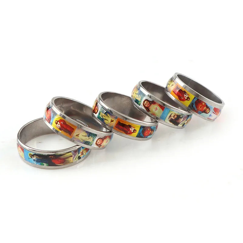 Shared Faith: Stainless Steel Enamel Religious Round Rings (Pair Set)