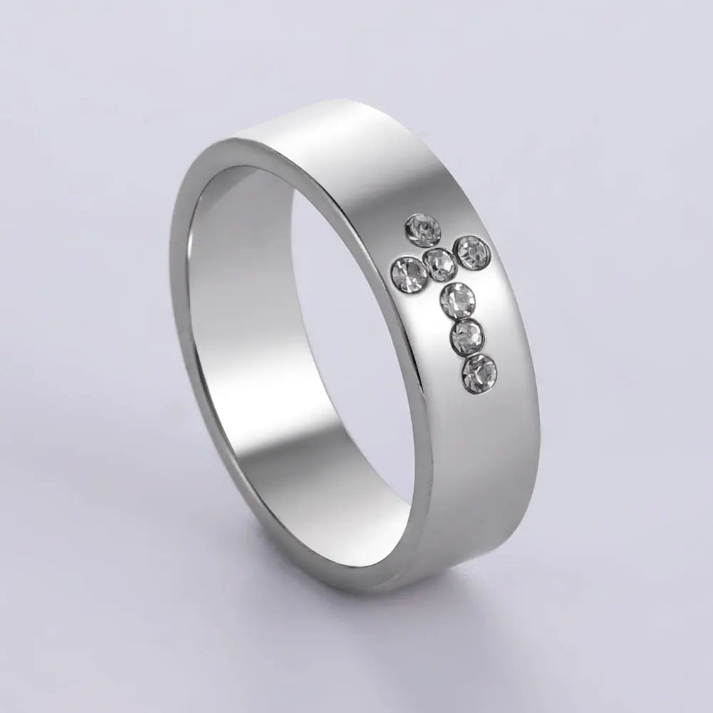 Enduring Sparkle: Clear Zircon Cross Band Ring – Stainless Steel