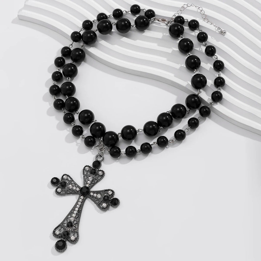 IngeSight.Z Trend Goth Large Cross Pendant Necklace Elegant Charming Imitation Pearl Woman Choker Y2K Neck Jewelry Accessories