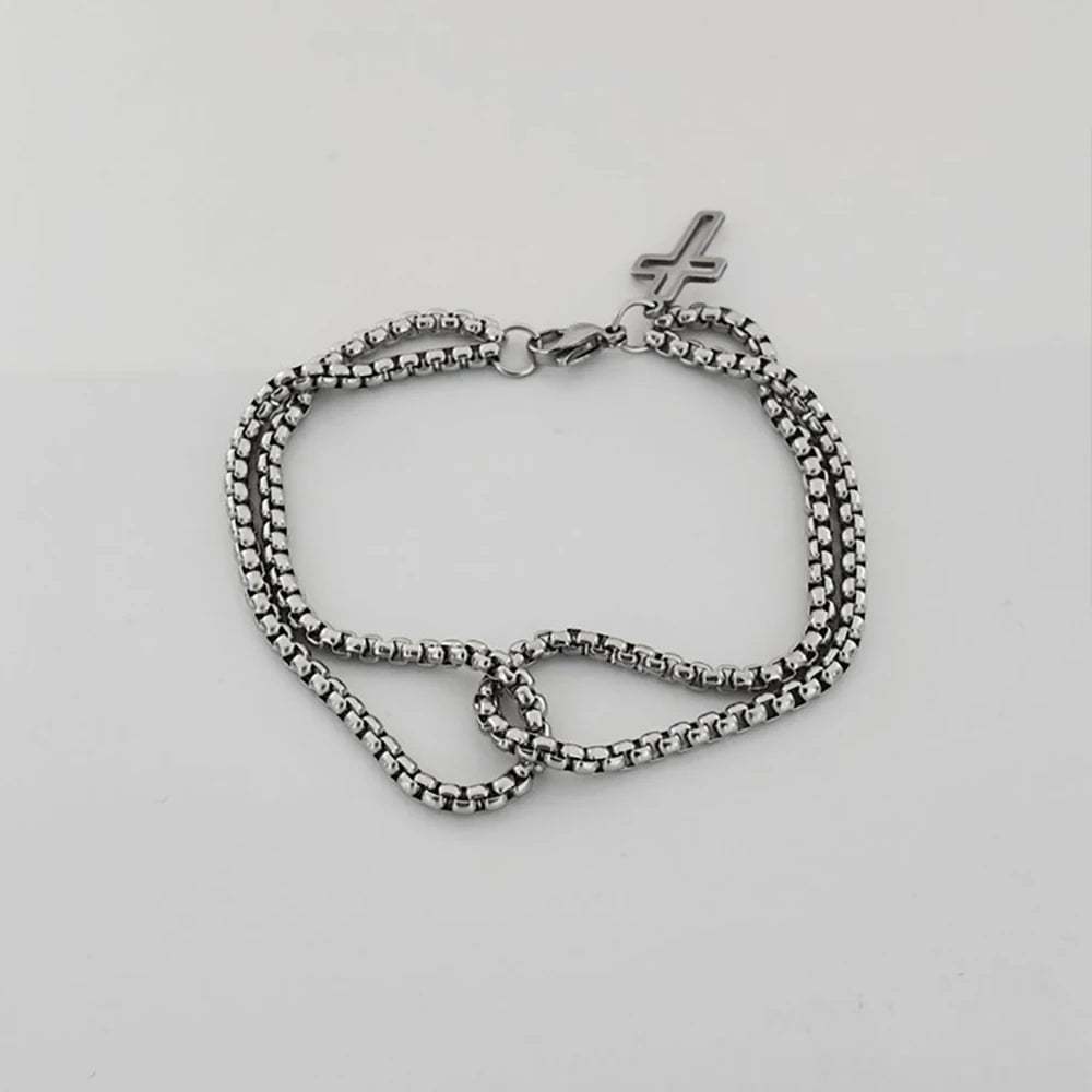 Dual Edge: Double Chain Cross Hollow Charm Bracelet – Stainless Steel