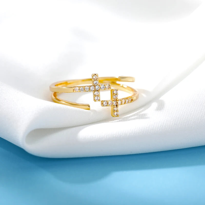 Dual Faith: Zircon Double Cross Adjustable Ring - Stainless Steel