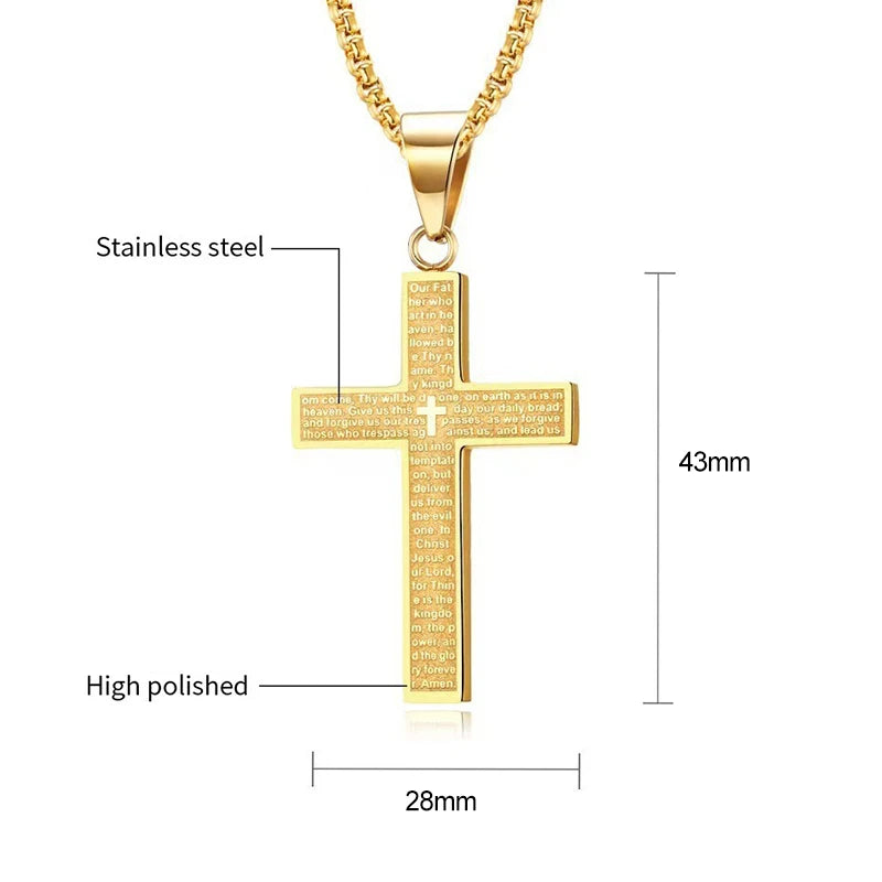 Gold cross pendant necklace with measurements on a white background