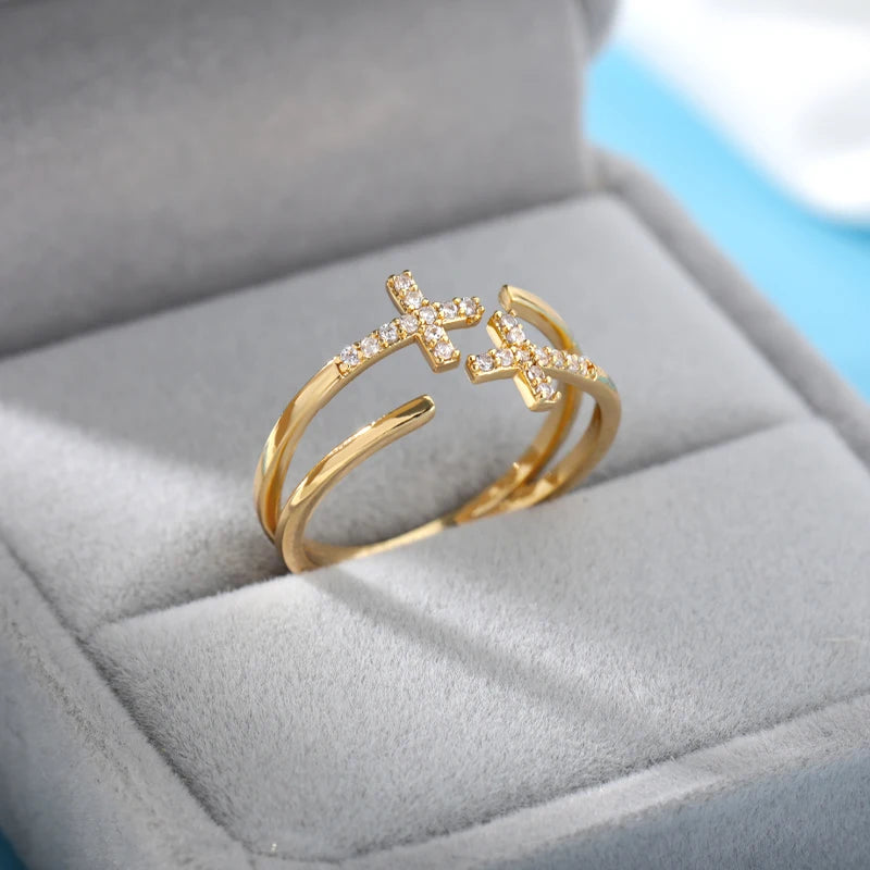 Dual Faith: Zircon Double Cross Adjustable Ring - Stainless Steel