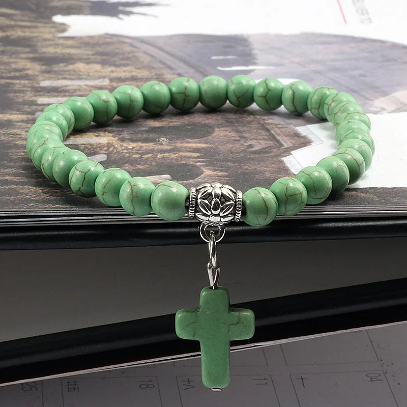 Earthy Vibes: Vintage Cross Natural Stone Beaded Bracelet