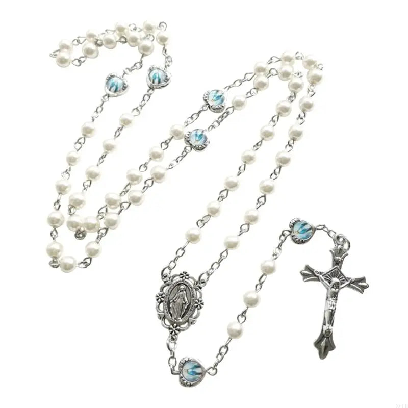 Rosary with pearls and silver metal beads on a white background