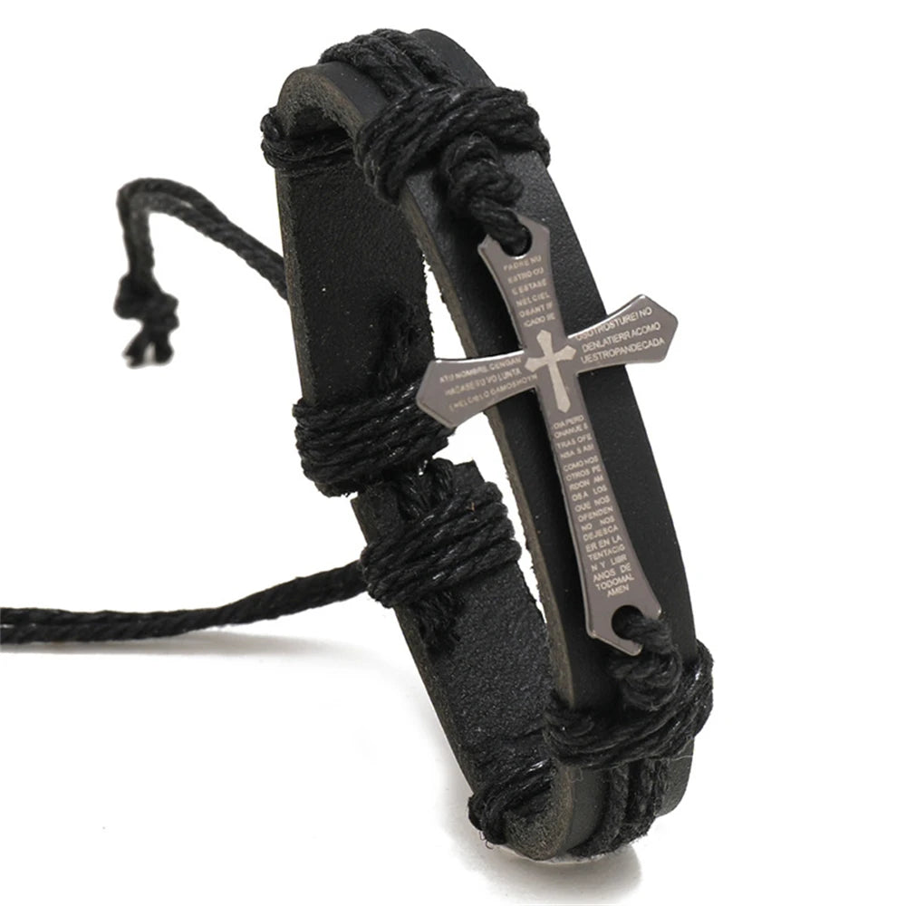 Retro Punk: Cross Faith Bracelet – Braided Leather Adjustable Cuff