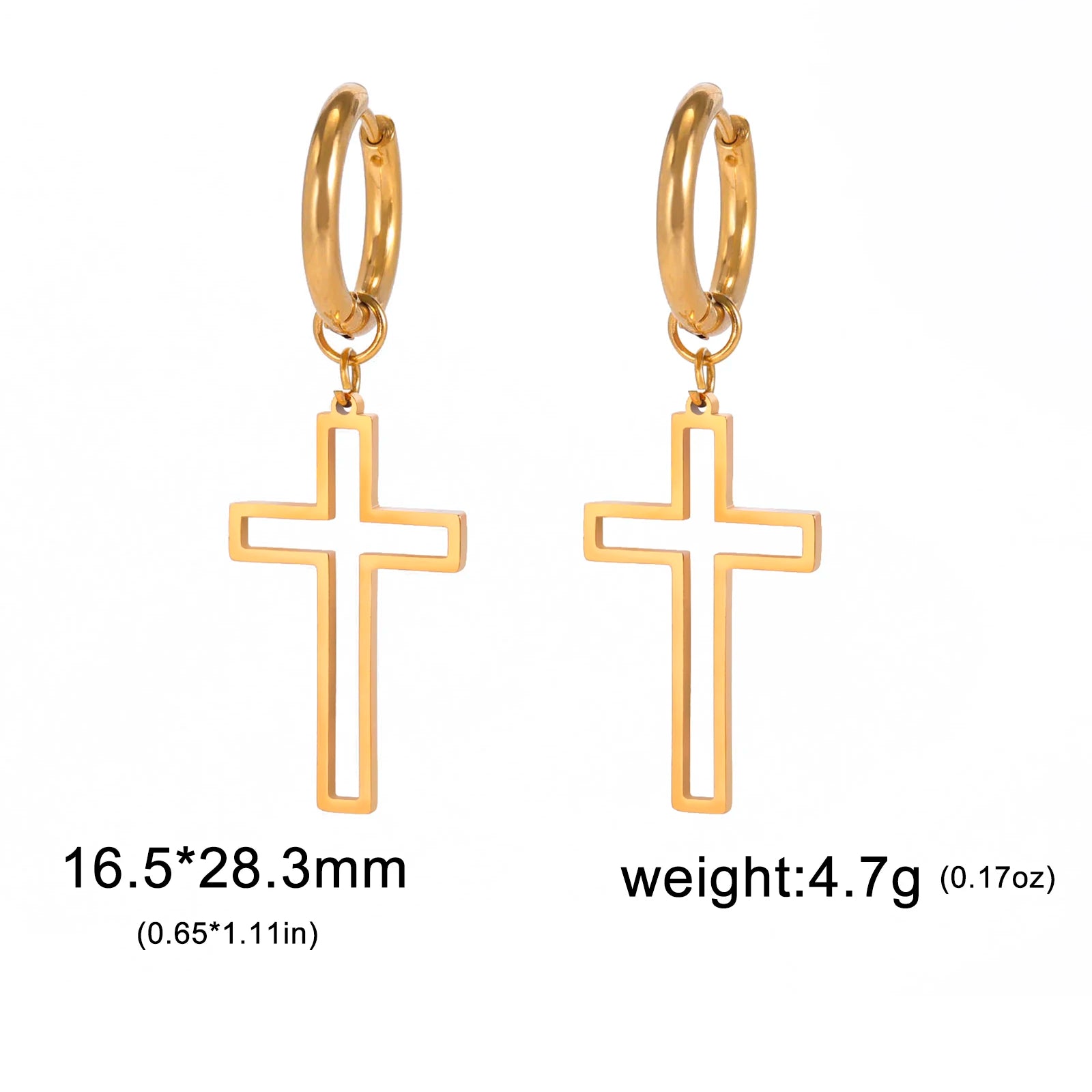 Gold cross earrings with measurements and weight on a white background
