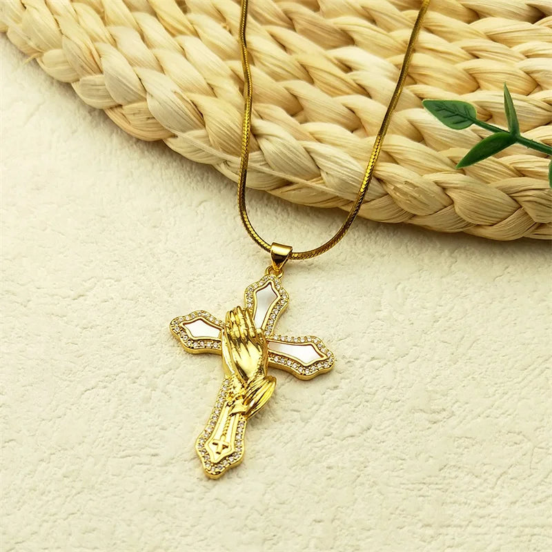 Faithful Hands: Praying Hands Cross Pendant Necklace – Gold Stainless Steel