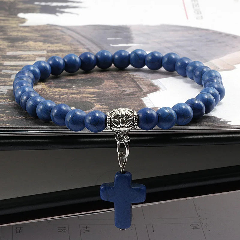 Earthy Vibes: Vintage Cross Natural Stone Beaded Bracelet