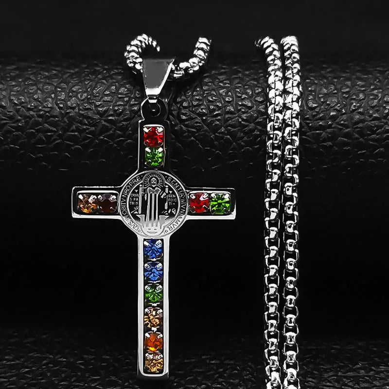 Silver colour cross pendant with colorful on a gold chain, Sound-Charged Jewellery